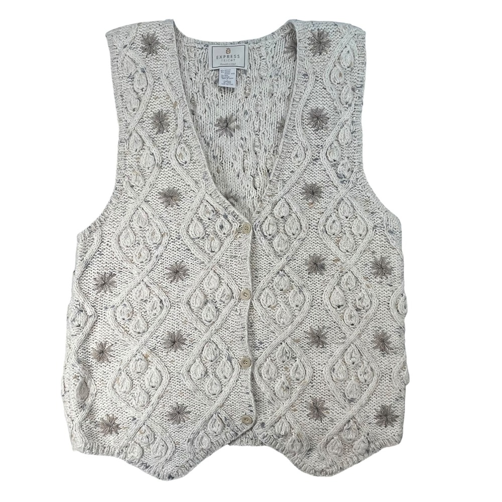 Express Tricot Vintage Handknitted Angora Wool Blend‎ Sweater Vest Beige Large